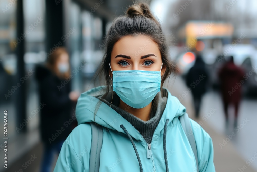 Woman on city street wearing protective face mask for health and safety in covid-19 pandemic Woman on city street wearing protective face mask for health and safety in covid-19 pandemic