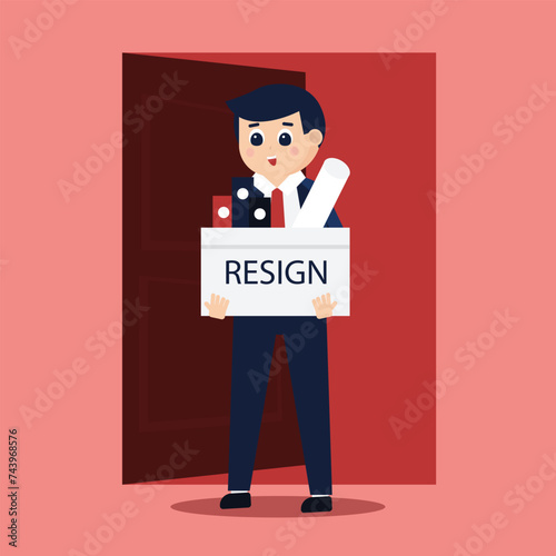 Vector illustration of office workers carrying a box with the word 'resign,' depicting an employee resigning from their job photo