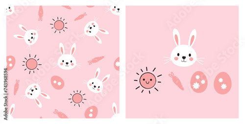 Easter seamless pattern with bunny cartoons, carrot, Easter eggs and sun on pink background. Easter rabbit, carrot, eggs and sun cartoon vector.