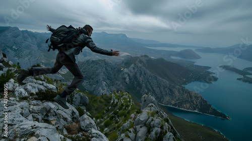 An adventurer ascending a rugged mountain terrain at dusk with an ocean backdrop. 