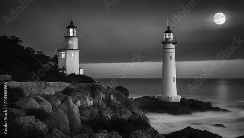 lighthouse on the coast black and white photo of Romantic lighthouse near Atlantic seaboard shining at night 