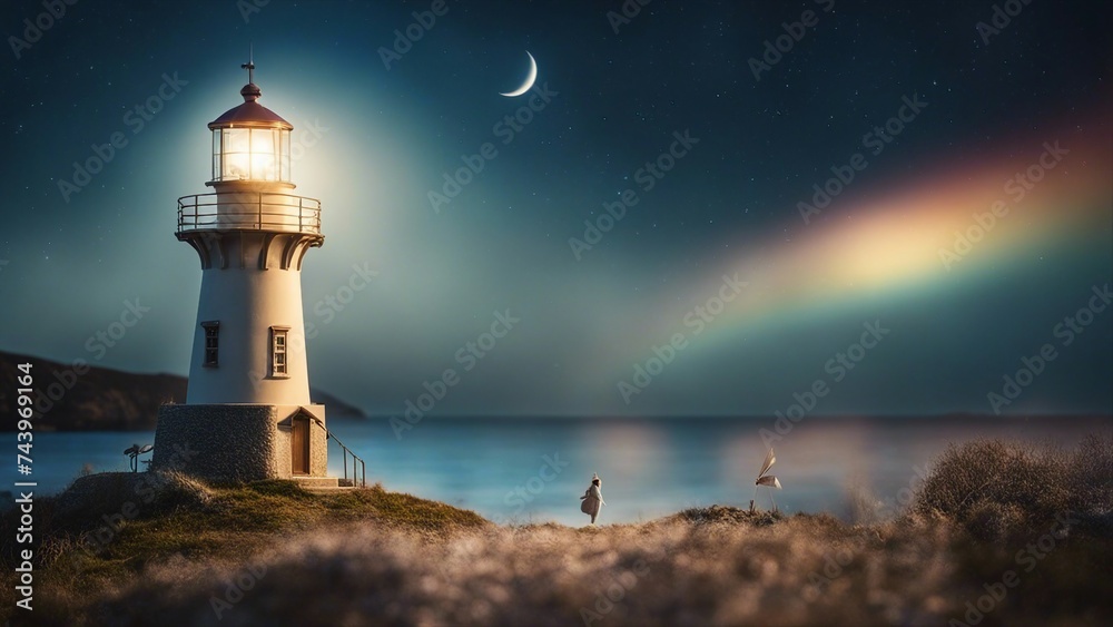 lighthouse on the coast A fantasy lighthouse in a starry night, with a comet, rainbow, a moon, and a fairy.  
