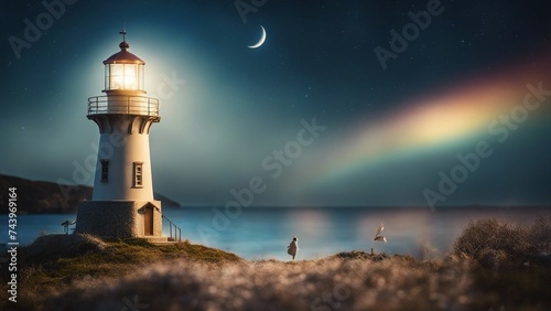 lighthouse on the coast A fantasy lighthouse in a starry night, with a comet, rainbow, a moon, and a fairy. 