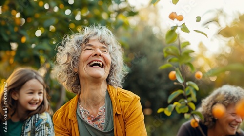 A joyful senior woman laughing as she plays with her grandchildren in the backyard photo