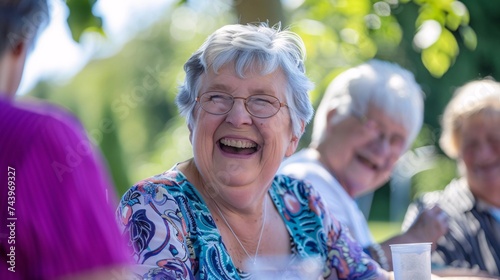 A joyful senior woman chuckling while enjoying a game of horseshoes 