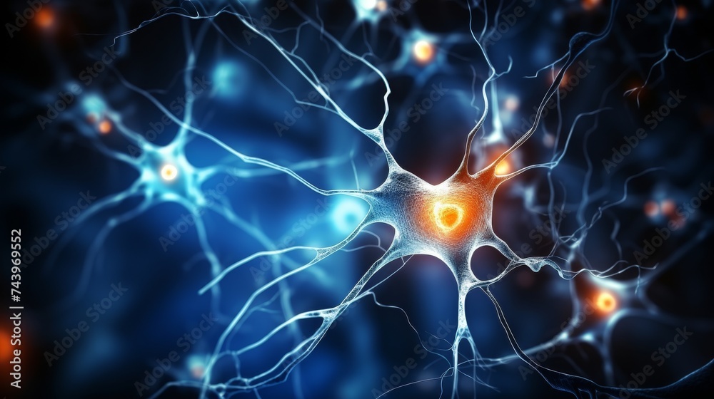 Close-up of blue neuron under microscope in laboratory setting for scientific research and studying