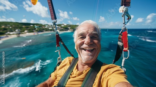 A joyful senior man chuckling while enjoying a thrilling parasailing adventure high above turquoise waters  photo