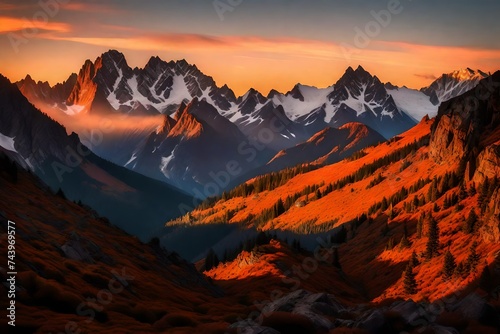 Prompt  A serene sunset over a rugged mountain range  where the imperfections of the rocky peaks are illuminated by the warm  fading light. perfect imperfection of the natural landscape.