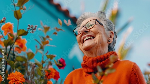 A happy senior woman chuckling while enjoying a leisurely stroll through a colorful flower garden