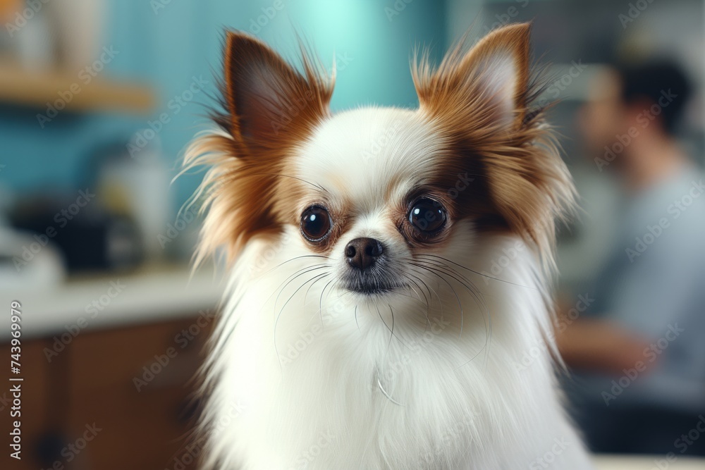 Cute small white chihuahua dogs muzzle gazing curiously at the camera in close-up shot Cute small white chihuahua dogs muzzle gazing curiously at the camera in close-up shot
