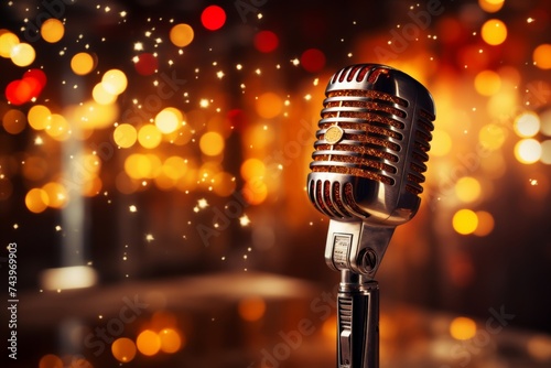 Professional metal microphone close-up on blurred background with copy space for music concepts