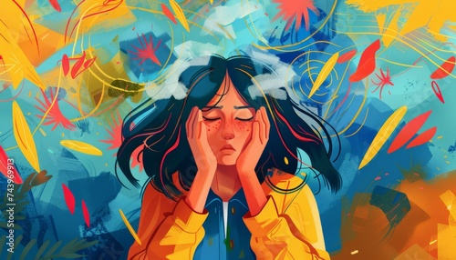 Illustration of a woman with a worried expression, holding her head in her hands, depicting tiredness, depression, headache, anxiety