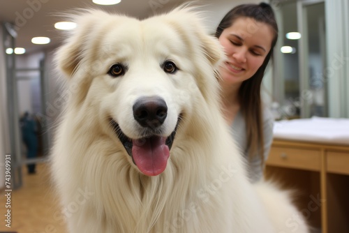 Adorable white pyrenean mountain dog muzzle looking at camera with girl in background in room photo