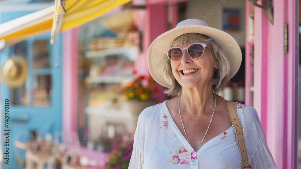 A cheerful senior woman smiling as she takes a leisurely stroll through a charming seaside town