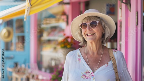 A cheerful senior woman smiling as she takes a leisurely stroll through a charming seaside town © Maelgoa