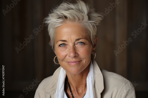 Portrait of a joyful senior woman in a plain white t-shirt against a solid studio backdrop