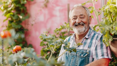 Senior man smiling contentedly as he tends to his vegetable garden