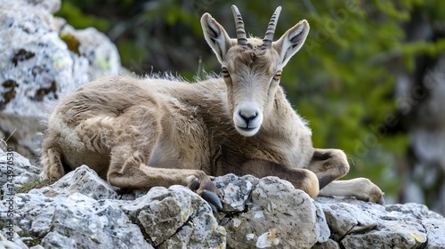 Alpine Ibex in Its Natural Habitat  Majestic Mountain Goat Amidst Alpine Peaks