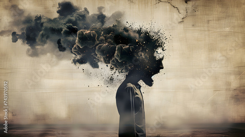 A surreal portrayal of a person with a head bursting into dark smoke, representing a mind overwhelmed or erupting with ideas.
 photo