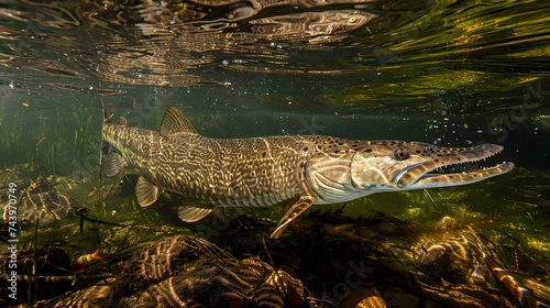 Alligator Gar in Its Natural Habitat: Formidable Fish Among Southern Swamp Waters © Asayamrad