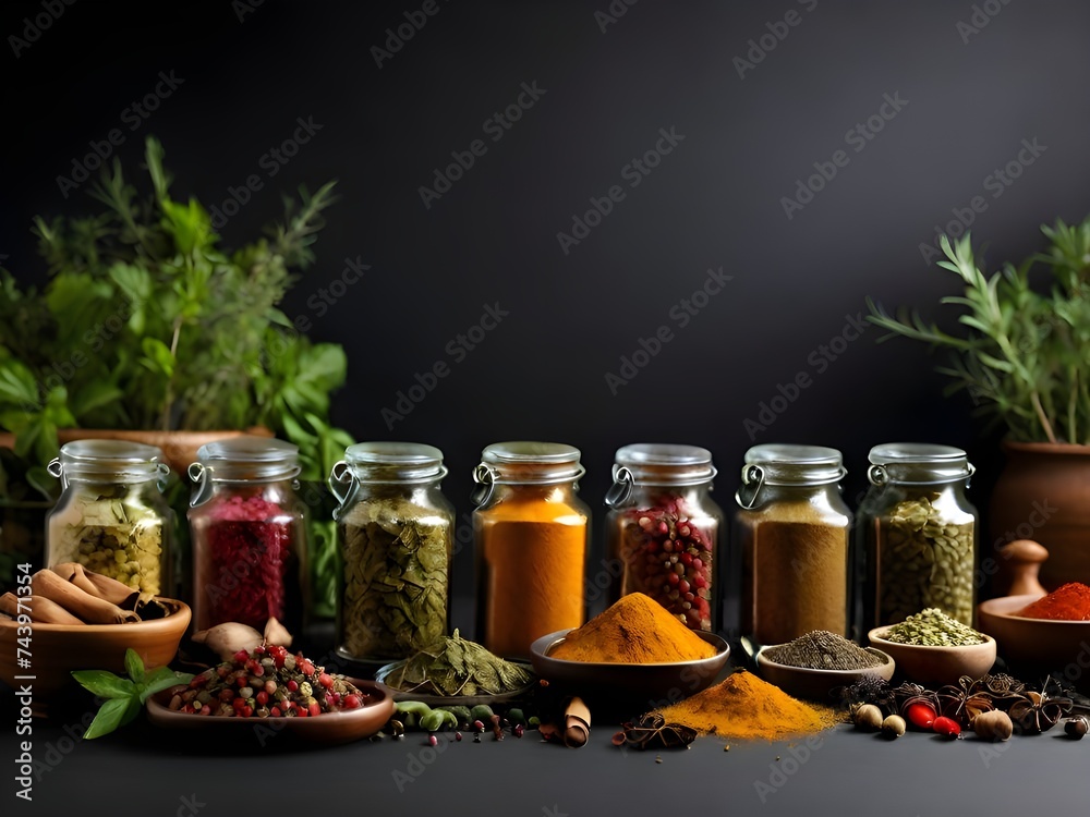 Wide variety spices and herbs on background of black table
Wide variety spices and herbs on background of black table