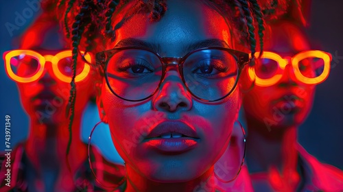 Intense portrait of a woman with vibrant red and blue lighting and glasses, flanked by two others.