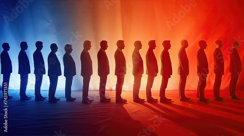 Profiles of men in business attire standing in a line with a red and blue gradient background.