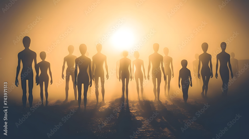 A group of alien silhouettes marching towards the bright light of the setting sun on a dusty road.
