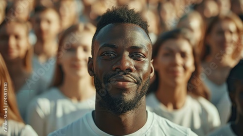 A smiling African man in the center surrounded by a crowd in soft focus wearing white shirts.