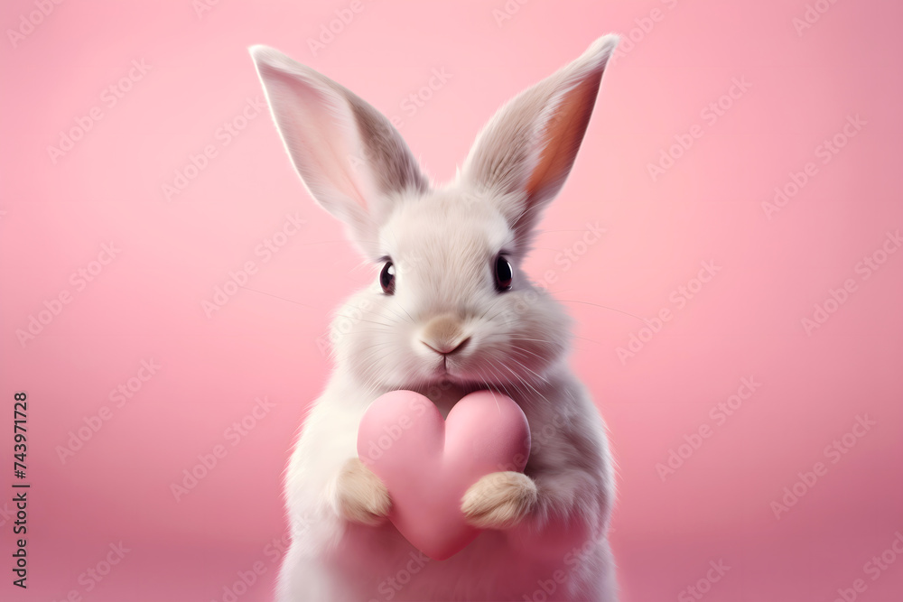 Bunny Rabbit Holding Pink Heart with Plain Pink Background Bunny Rabbit Holding Pink Heart with Plain Pink Background