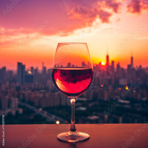 glass of red wine at sunset with city in background