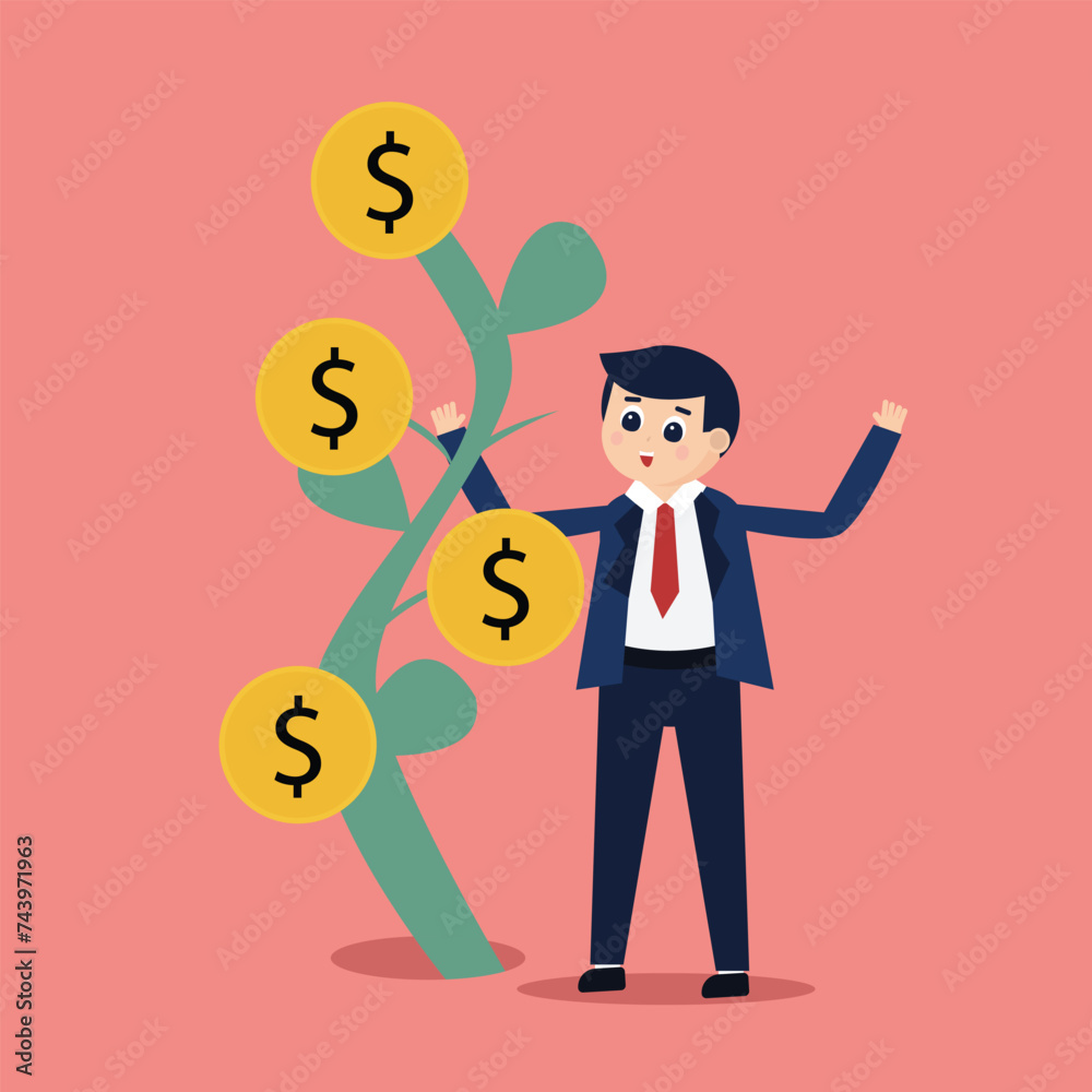 Vector illustration of a businessperson and dollar coin growing on a tree, depicting business growth or investment growth Vector illustration of a businessperson and dollar coin growing on a tree, depicting business growth or investment growth