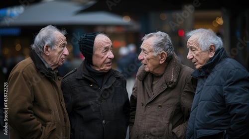 Four elderly men conversing on a busy city sidewalk.