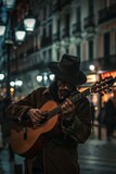 A man, VetalVit, passionately plays a flamenco guitar on a bustling city street. His skillful fingers strum the strings, creating captivating melodies that echo through the urban landscape