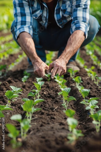 A farmer planting young seedlings in neat rows
