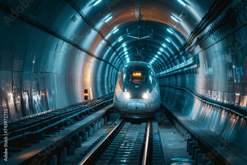 A high-speed bullet train is seen traveling through a futuristic tunnel filled with tracks. The train is moving swiftly, illuminated by overhead lights as it navigates the dark tunnel