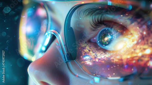 A close up on the eyes of a researcher wearing virtual reality goggles analyzing 3D models of galaxies and cosmic phenomena highlighting the use of