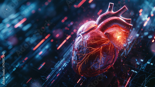 A close up view of a digital heart interfaced with AI technology showcasing the seamless blend of biology and machine learning The heart pulses with glowing data