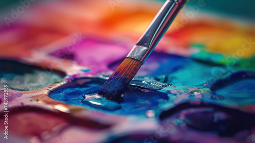 A detailed shot of a watercolor palette with a variety of vibrant hues a paintbrush lightly touching the surface of the water blending colors The