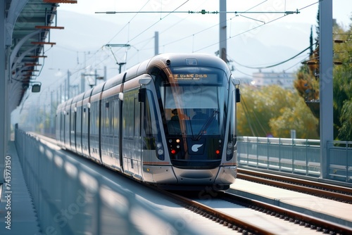A modern silver electric train is seen smoothly traveling down the tracks next to a dense forest. The train appears sleek and futuristic against the backdrop of the green trees