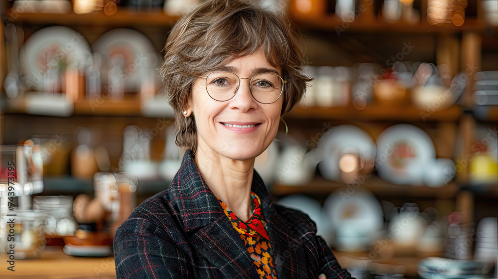 Smiling mature woman with glasses in a cozy shop.
