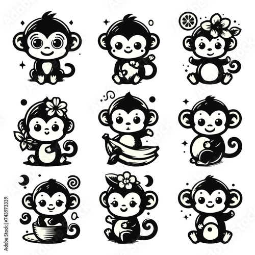 Set of monkeys - black vector monkeys, cute monkeys (ID: 743973339)