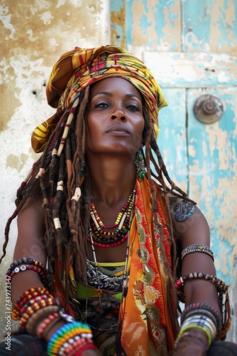 A woman with dreadlocks is seated in front of a door, her posture relaxed as she gazes ahead. The door behind her is weathered, featuring peeling paint and intricate carvings