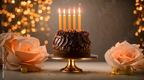 Chocolate birthday cake on black background with number ninety golden candles Birthday cake for 90 years anniversary Slow Motion photo