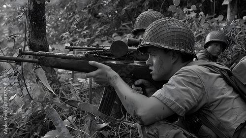 A young soldier in camouflage gear takes aim with a scoped rifle amid dense jungle underbrush in a black and white scene. 