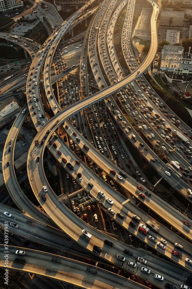 A view from above shows a congested highway with lots of traffic, surrounded by towering buildings in an urban setting. Cars are bumper-to-bumper, navigating through the crowded lanes