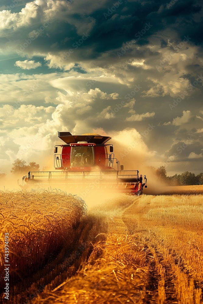 Obraz premium A red combine truck is actively driving through a lush wheat field. The vibrant vehicle is harvesting the ripe wheat, creating a dynamic scene amidst the agricultural landscape
