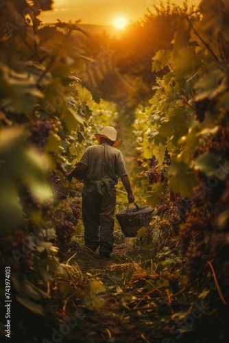 A man is walking amidst rows of grapevines in a vineyard during the golden hour of sunset. The orange hues of the sky contrast with the green vines