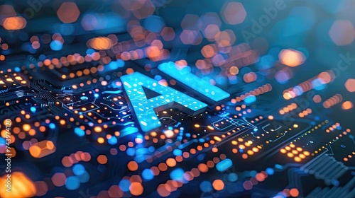 AI lettering on a digital circuit board with glowing bokeh effects.
