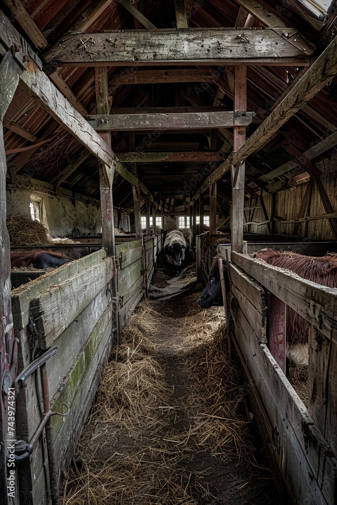 A traditional barn is filled with an abundance of hay and neatly stacked hay bales. The space is packed with agricultural supplies, ready for use